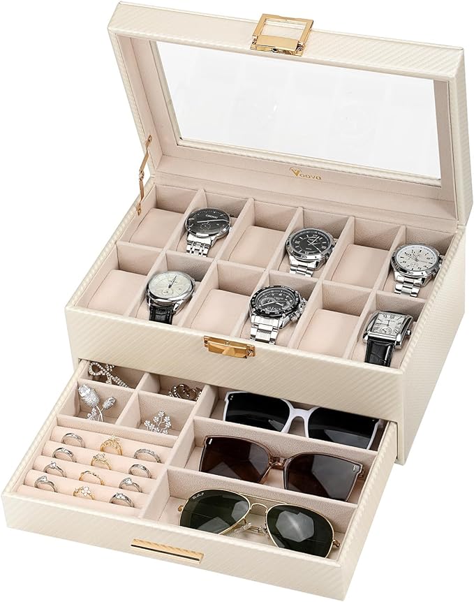 Voova Jewelry Box Watch Boxes Organizer for Men Women, 2 Layer Large 12 Slot PU Leather Watch Storage Case, Glass Top Jewelry Display Holder for Watches Sunglasses Rings Necklaces Bracelets,Apricot