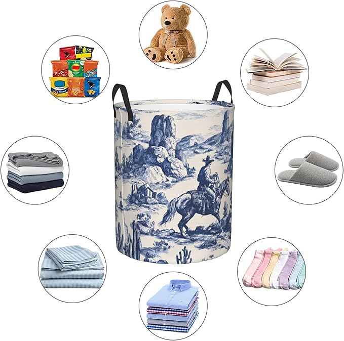 Laundry Hamper with Handles, Horse Riding Pattern, Collapsible Oxford cloth Storage Basket, Beige, 15.7x19.6 Inches, Cylindrical (Horses and Floral Pattern)