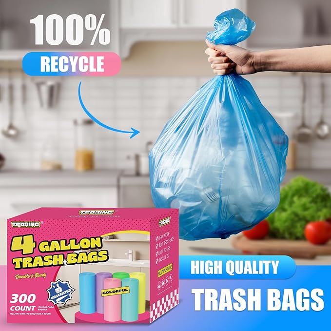 T.FORING 300 Count 4 Gallon Small Trash Bags - 15 Liter Colored Garbage Bags Unscented Wastebasket Liners Heavy Duty & Leakproof Plastic Can Liners for Bathroom Office Bedroom Toilet Car