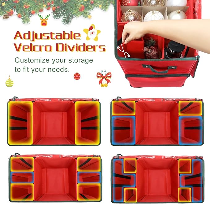 Large 2-in-1 Christmas Ornament Storage Box & Xmas Figurine Container,4 Separate Trays Keep 64-3"/ 36-4" Holiday Ornaments,Adjustable Extent Area for Figurines and Pockets for Decoration