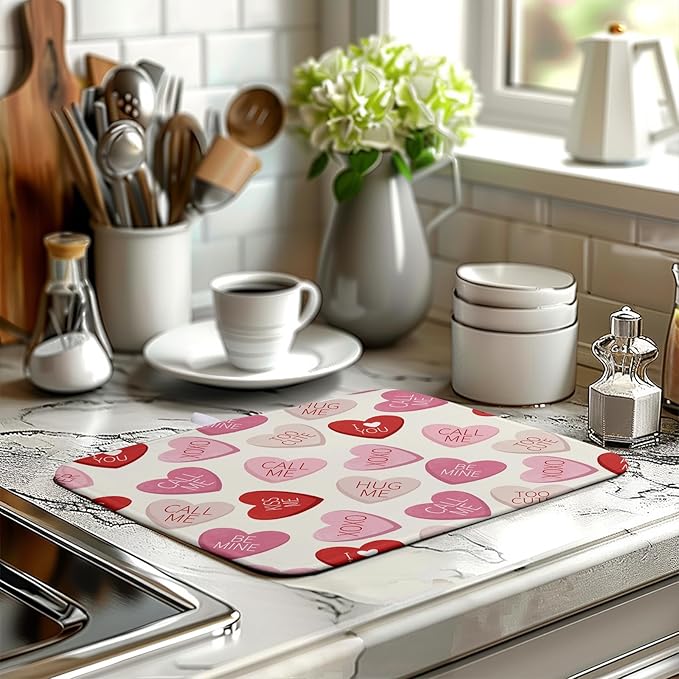 Wnoesat Valentine Love Heart Dish Drying Mat for Kitchen Counter 18x24 Inch Valentines Day Dish Mats Absorbent Microfiber Dish Draining Mat Reversible Dish Drying Rack Mat with Hanging Loop
