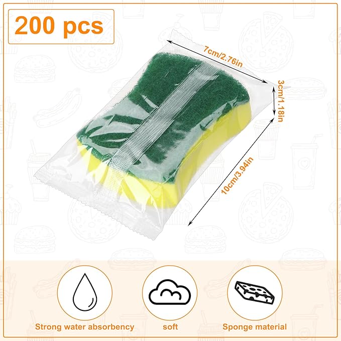 Ovveroche 200 Pcs Individually Wrapped Sponges,Uncompressed Non Scratch Scrouing Sponges for Household Cleaning Dishes Kitchen Airbnb Apartment Car Bike