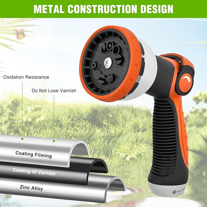 Yesker Garden Hose Nozzle Water Hose Sprayer Nozzle Adjustable 10 Spray Patterns Heavy Duty Metal Nozzles Thumb Control w Non-Slip Grip for Outdoor Watering Plants Lawn Washing Car Pets Black & Orange