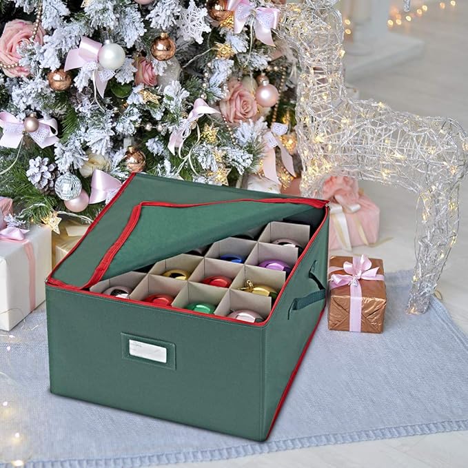 ProPik Large Christmas Ornament Storage Box, Organizer Holds Up to 75 Xmas Ornaments Balls, Holiday Decorations Accessories Storage Container with Dividers, Durable 600D Oxford (Green)