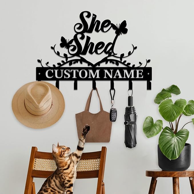 Personalized She Shed Metal Keys Hooks,Custom Name Metal She Shed Keys Hooks,Black Metal She Shed Wall Home Storage Decorative Keys Hooks,Key Holder Hooks for Wall (Style F)