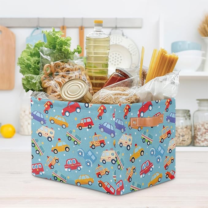 Cartoon Cars Storage Basket for Shelves, Storage Bins with Handles, Collapsible Basket for Organizing, Closet Toy Baskets for Nursery Room, 15x11x9.5 in, Canvas, Cute Cars Trucks