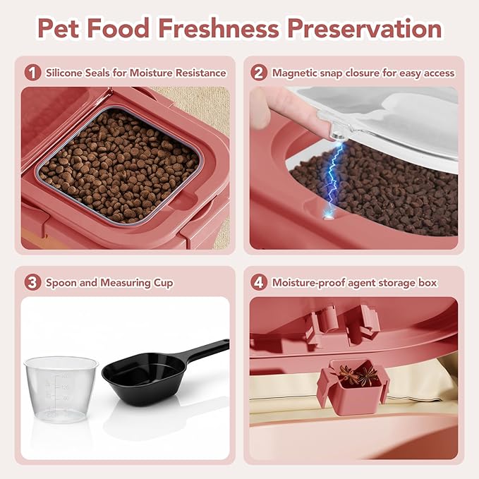 Summark 15 Lbs Dog/Cat Food Storage Container,Collapsible Food Storage Containers with Rolling Wheel Airtight Locking Lid,Pet Food Storage Container with Cup and Scoop,Pink