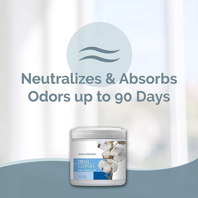 SMELLS BEGONE 15oz Gel Odor Eliminator - Absorb & Remove Tough Odors in Pet Areas, Bathrooms, Basements, Garage, Cars, RVs & Boats - Eliminate Odors Quickly (1-Pack, Fresh Cotton)