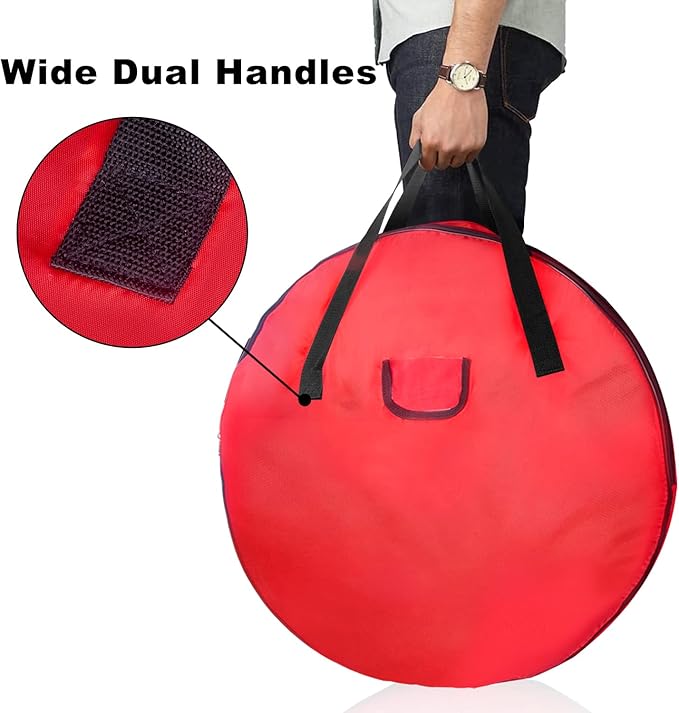 TQS 25" Christmas Wreath Storage Bag - Heavy Duty Reinforced Wide Handle and Double Sleek Zipper - Protect Your Christmas Garland Party Decorations - Red