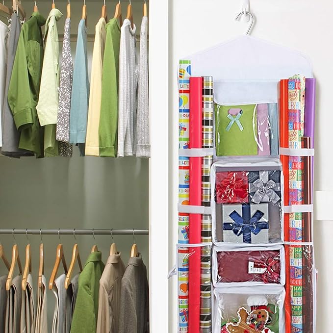 ProPik Hanging Double Sided Wrapping Paper Storage Organizer With Multiple Front And Back Pockets Organize Your Gift Wrap & Gift Bags Bows Ribbons 40”X17" Fits 40 Inch Rolls (White)