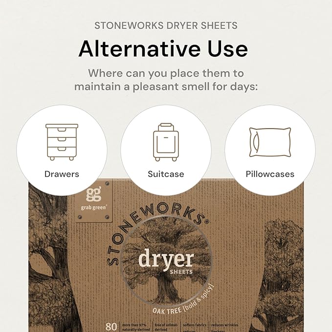 Grab Green Stoneworks Cruelty-Free Dryer Sheets | Softens Fabrics, Freshens Clothing & Reduces Static-Cling and Wrinkles | Plant Based | Oak Tree Scent (160 Sheets)