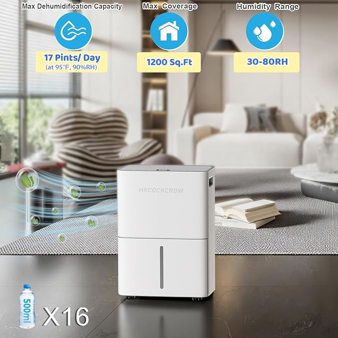 HXCOCKCROW Dehumidifier for Basement Home 1200 Sq. ft, 17 Pints Dehumidifiers with Drain Hose for Bedroom Bathroom Large Room RV, 3 Working Modes, Intelligent Humidity Control, 24H Timer, Auto Defrost