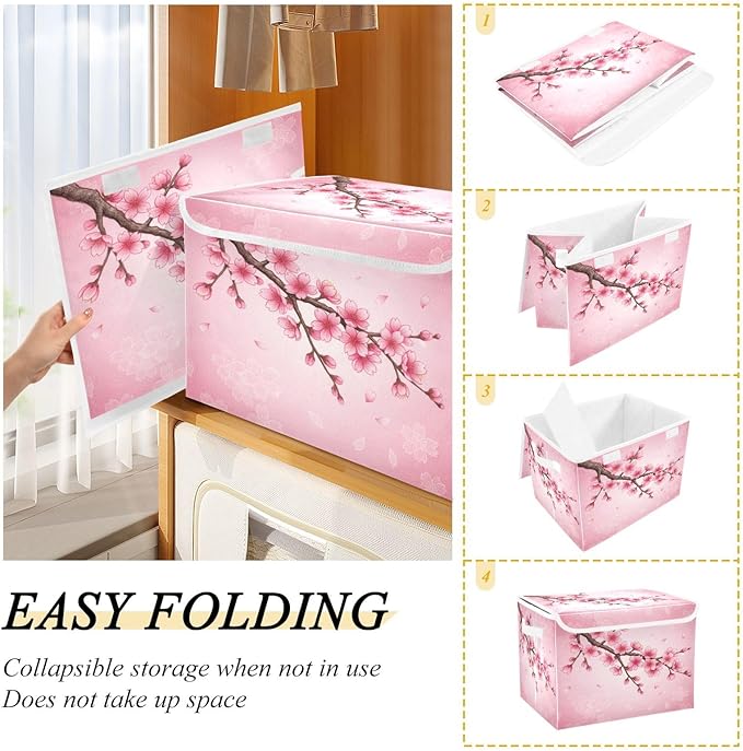 Bolaz Spring Cherry Blossom Background Storage Bins with Lids and Handles, Foldable Storage Box Storage Basket with Cover Collapsible Organizer Containers for Home Closet, Shelves