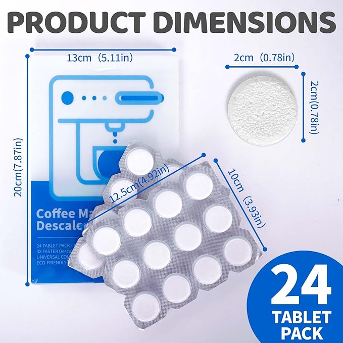 Cozeoa 24 Count Coffee Machine Descaler Tablets - Fast-Acting Effervescent Cleaner for Nespresso, Keurig, DeLonghi, Espresso & Drip Makers, Remove Mineral Deposits & Stains, Plant-Based & Septic Safe