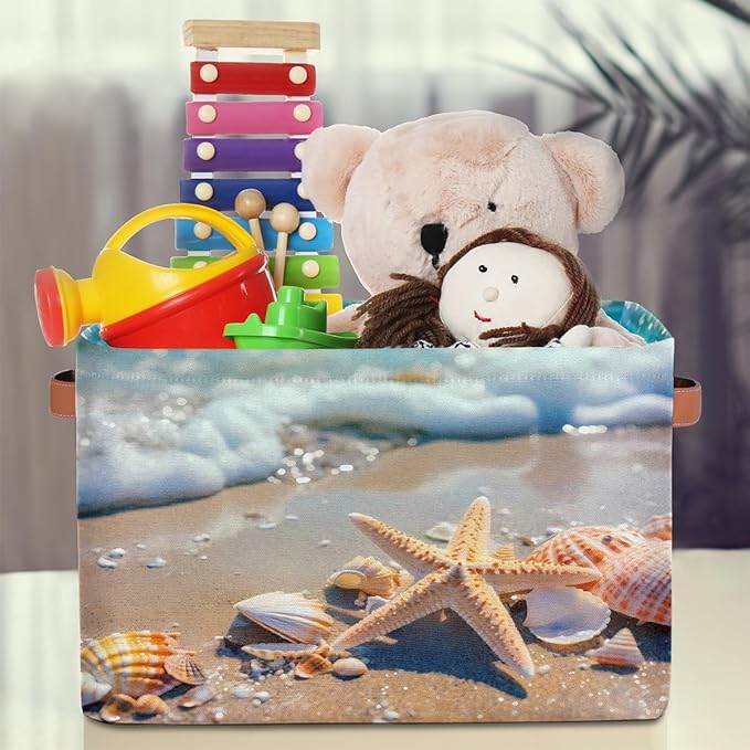 Ocean Starfish Seashell Storage Basket for Shelves, Storage Bins with Handles, Collapsible Basket for Organizing, Closet Toy Baskets for Nursery Room, 15x11x9.5 in, Canvas, Sea Beach