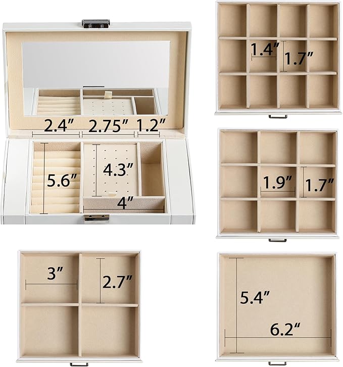 Frebeauty 5-layer Jewelry Box,Faux Leather Jewelry Organizer with 4 Drawers,Jewelry Organizers and Storage with Mirror,Jewelry Holder Organizer for Necklace,Jewerly Boxes for Women Girls(White)
