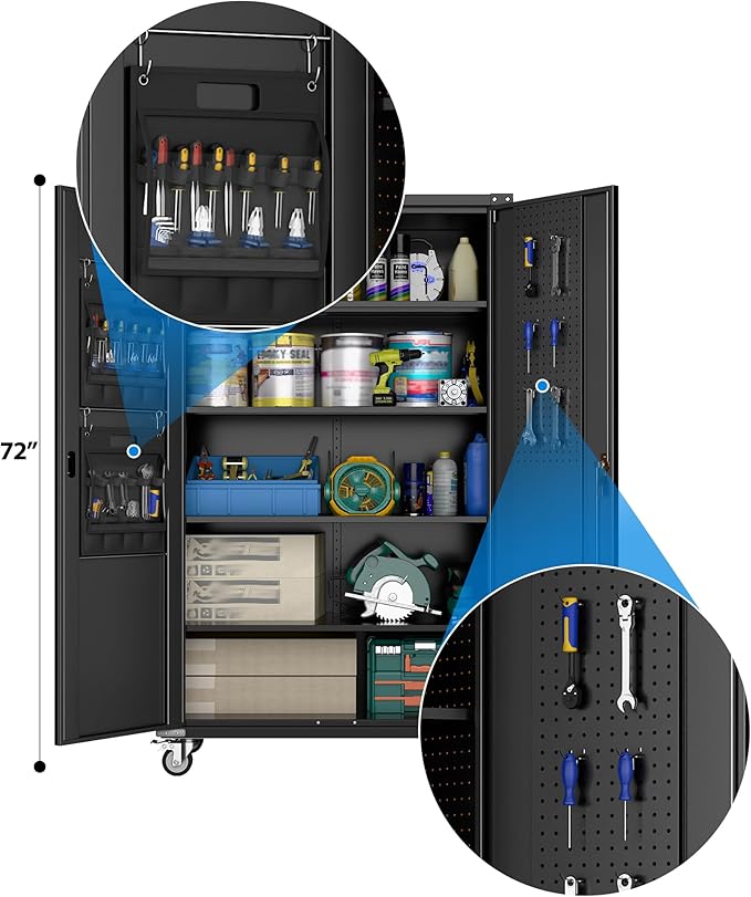 Aobabo Extra Large Garage Storage Cabinet on Wheels, Metal Storage Cabinet with 4 Shelves, 3 Pegboards and 2 Tool Pouches for Home Office Stash, Assembly Required, (Black,43.3''W x 21.9''D x 72''H)