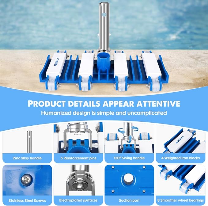 Pool Vacuum Head, Manual Cleaning Vacuum with Wheels 14'' Heavy Duty Handle Pool Vacuum Heads for Inground & Above Pools with Flexible Swivel, Swimming Pool Head for Absorb