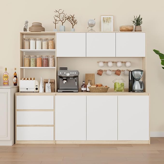 Large Kitchen Hutch Cabinet with Microwave Stand, Storage Cupboard Pantry with 3-Tier External Shelves and 3 Drawers, Ktichen Food Pantry with Open Countertop for Dining Room, White + Walnut