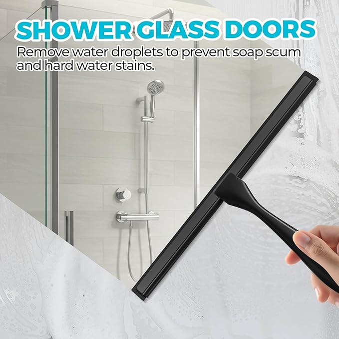 ALFLOD 12-Inch All-Purpose Shower Squeegee for Shower Doors, Tile Shower Walls, Bathroom, Window, Glass and Car Windshield, Mirrors and Kitchen-Stainless Steel, Black