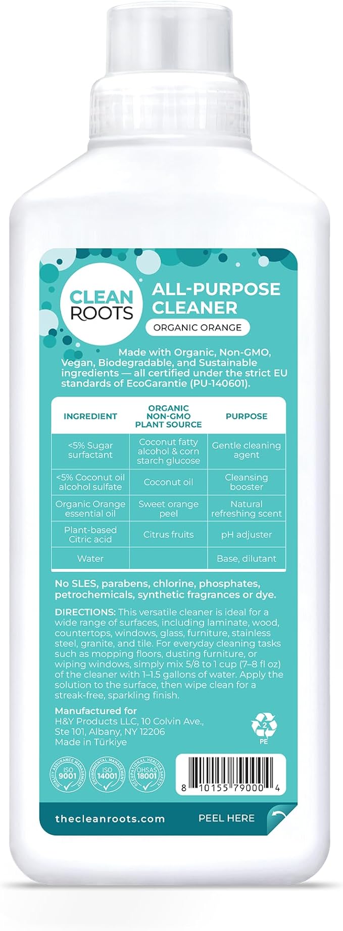 CLEAN ROOTS All-Purpose Cleaner – EcoGarantie Certified, 100% Plant-Based Formula, Made with Organic Ingredients, Scented with Organic Orange Essential Oil – 33.8 fl oz (1 L), Pack of 2