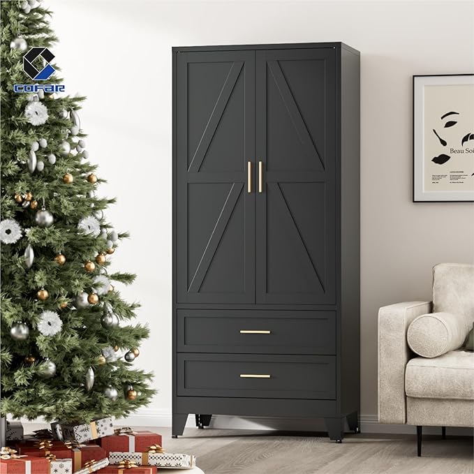 COFaR Metal Wardrobe Closet with Doors, 71'' Tall Farmhouse Bedroom Armoires with Drawers and Hanging Rod, Freestanding Steel Wardrobe Garage Closet for Bedroom Home Office Garage, Black