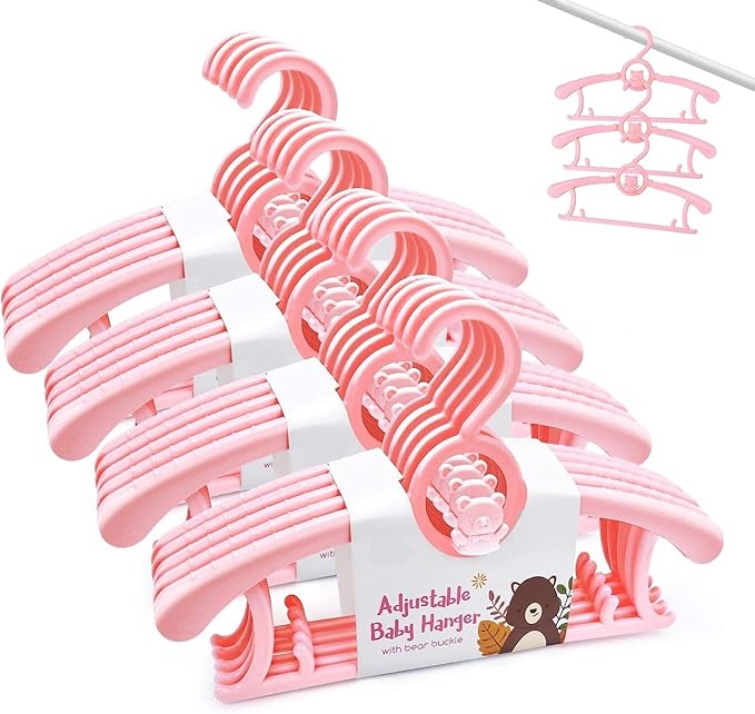 HGYZE Kids Hangers 11"-14" Adjustable Plastic Baby Girl Hangers 20 Pack, Toddler Bear Hanger for Children's Clothes Sweaters, Infant Hangar for Closet with Non-Slip Shoulder Grooves & Pants Bar, Pink