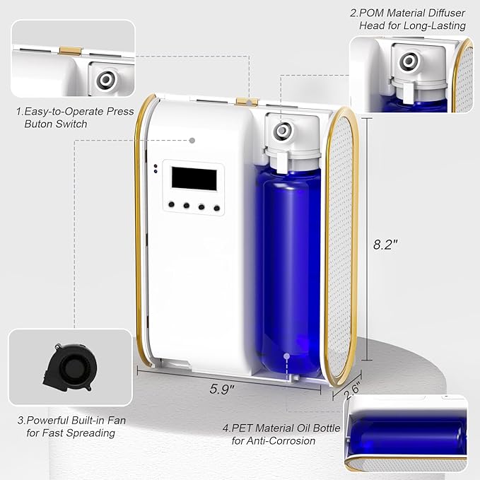 Waterless Essential Oil Diffuser for Home and Commercial Use, 350ml Capacity for 1500 sq ft, Smart Scent Diffuser for Large Room, Bluetooth Hotel Collection Diffuser with App Control, White and Gold
