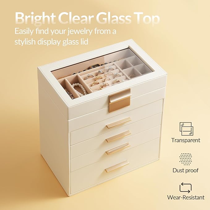 Jewelry Box, 5 Layers Jewelry Storage Display Box with Glass Lid for Women, 4 Drawers,Large Capacity for Necklace Earrings Bracelets Rings,White