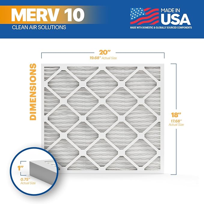 BNX TruFilter 18x20x1 MERV 10 (2-Pack) AC Furnace Air Filter - MADE IN USA - Pleated Air Conditioner HVAC AC Furnace Filters - Removes Odor, Mold, Bacteria, Smoke