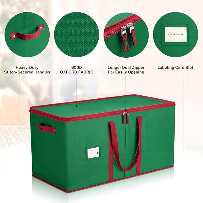MaidMAX Christmas Ornament Storage Box Holiday Decoration Organizer, 128 Christmas Ball Accessories Holder with Adjustable Dividers, 8 Removable Trays, 600D Oxford, Zippered Closure (Green)