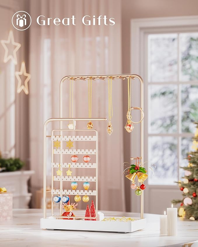 ProCase Jewelry Stand Holder Organizer, Jewelry Display Storage with Ring Tray, No-Assembly Needed, Rotating Earring Bracelet Necklace Holder, Christmas Gifts Room Dorm Decor for Teen Girls -Champagne