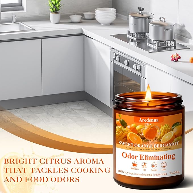 Sweet Orange Bergamot Odor Eliminating Candles | Eliminates 95% of Pet, Smoke & Bathroom Odors – 7oz Hand Poured Non-Toxic Soy Candle - Air Freshing Scented Candle Gifts for Positive & Relaxation