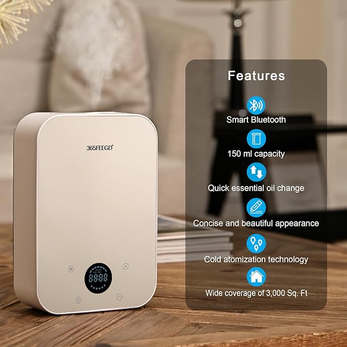 Waterless Oil Diffuser - Pure Essential Oil Diffuser with App Control - 150ml/1700 Sq.Ft. Coverage for Effective Aromatherapy in Home/Office/Hotel (White Gold)