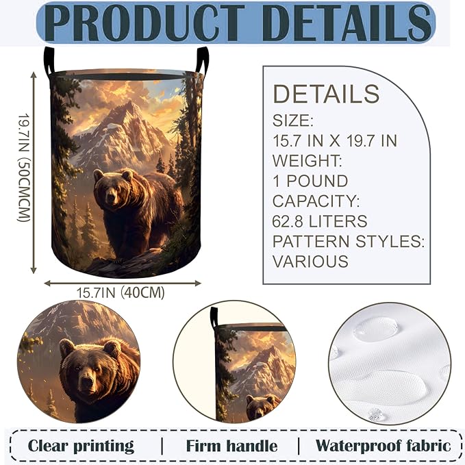 Bear Laundry Basket Hamper 19.7"x15.8", Rustic Wildlife Foldable Waterproof Oxford Clothes Storage Bucket for Room Bathroom Bedroom Nursery Decor, Toy Organizer Bins Gifts for Kids Boys Girls