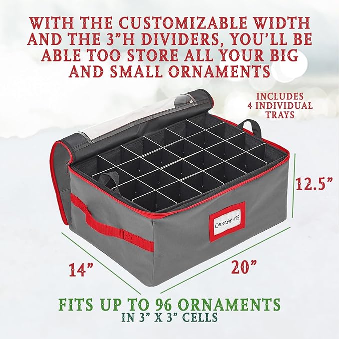HOLDN’ STORAGE Christmas Ornament Storage Box with Dividers - Fits 96-3” Ornaments, 4 Removable Trays, Durable & Space-Saving, Clear Top Lid, Convenient Storage Designed, Grey
