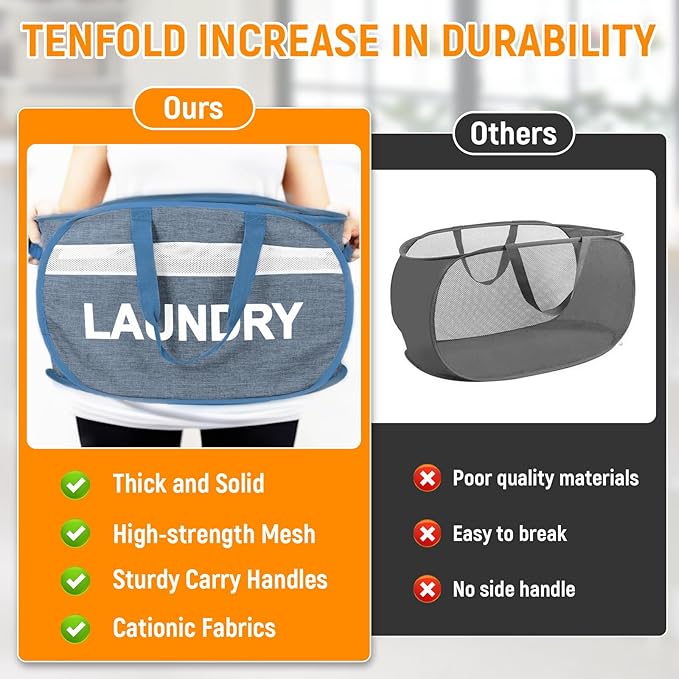 Collapsible Laundry Baskets, Foldable Laundry Basket with Dual Handles, Tear-proof Dirty Clothes Hampers for Laundry, Easy to Carry Pop Up Hamper for Bedroom, Bathroom, Dorm, Laundry Room Blue