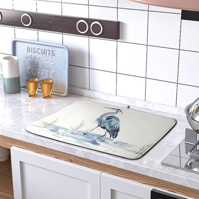 Kwlegh Summer Dish Drying Mat Blue White Heron Beach Absorbent Microfiber Drying Mats for Kitchen Counter Coastal Nautical Birds Dishes Drainer Mat Extra Large 18x24 Inch