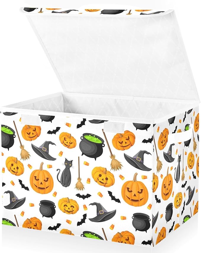 Halloween Storage Baskets Collapsible Storage Bins with Lids, Halloween Pumpkin Black Cat Ghost Bat Pattern Storage Boxes Clothes Baskets for Organizing