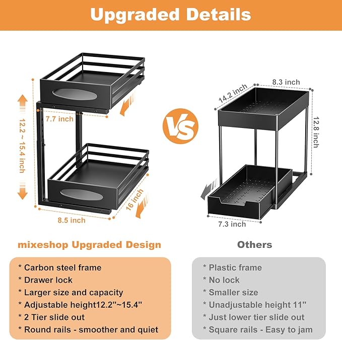 mixeshop Under Sink Organizer, 2 Tier Under Sink Organizers and Storage, Adjustable Height, Slide out Metal Cabinet Organizers, Pull out Cabinet Storage Drawer Shelf for Kitchen Bathroom Black 2Pack