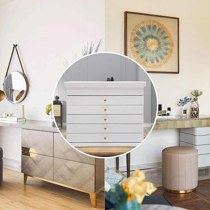 Jewelry Box,Wooden Jewelry Organizer,6 Layers Large Capacity Jewelry Holder Watches Necklace Ring Storage Box (White 2)