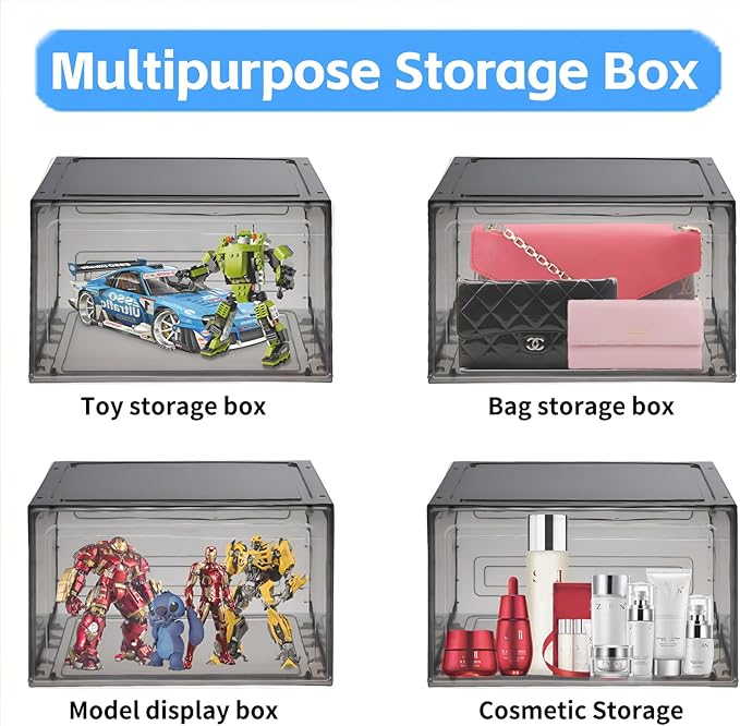 Large Black Shoe Storage Boxes Stackable, 12 Pack Hard Plastic Shoe Storage Organizer with Magnetic Door, Shoe Container Sneaker Storage Display Case Fit up to US Size 12 Black