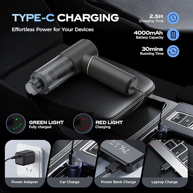 BSRCO Handheld Vacuum Cordless：4-in-1 Hand held Vacuum Cleaner,15000Pa Car Vacuum Portable Cordless,(1.25 lbs) Lightweight,21min Runtime Air Duster/Blower for Car,Home,Hair