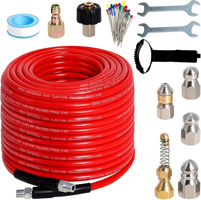 Zejoot Sewer Jetter Kit for Pressure Washer 150FT, 5800PSI Drain Cleaner Hose 1/4 Inch NPT Corner with 5 Sewer Jetting Nozzles，Waterproof Tape，Pearl Corsage Pin & 2 Spanners (Red)