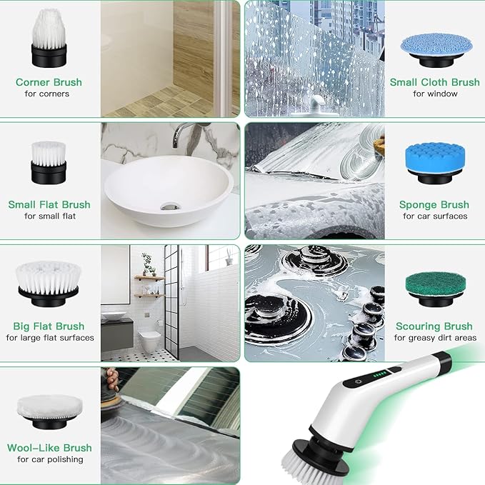 Electric Spin Scrubber Cordless Bath Tub Power Scrubber Bathroom Cordless Cleaning Brush with 7 Replaceable Drill Brush Heads Shower Cleaning Scrubbers with Adjustable Handle for Bathroom Kitchen