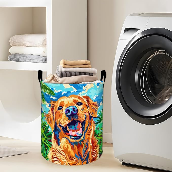Vibrant Happy Golden Retriever Portrait Laundry Basket with Handles, 19.7"x15.7" Clothes Foldable Laundry Hamper Organizer for Dorm Nursery Bedroom Bathroom Decor, Toy Storage Bin for Kids