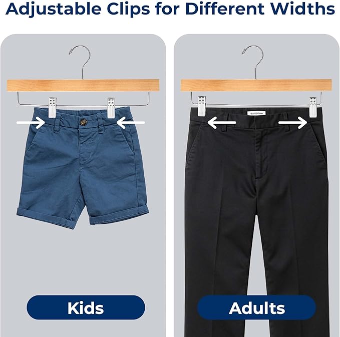 SereneLife 30 Pack Skirt and Pant Hanger with Adjustable Non-Slip Steel Clips, Premium Wooden, 360° Swivel Hook & 10 lb Capacity – Space-Saving Heavy-Duty Hangers for Jeans, Shorts & Slacks (Natural)