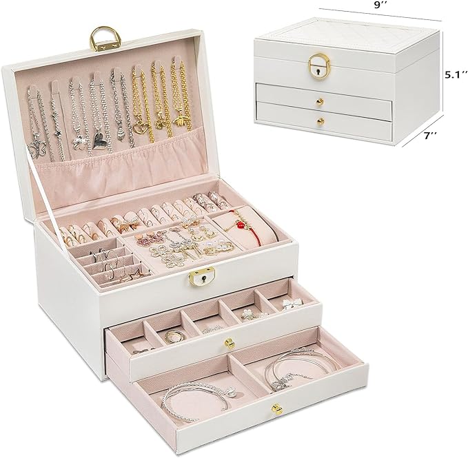 GUOER Jewelry Box for Women Girl Wife 3 Layers Large PU Leather Jewelry Organizer Storage Case with Two drawers Display for Earrings Bracelets Rings Watches (White)