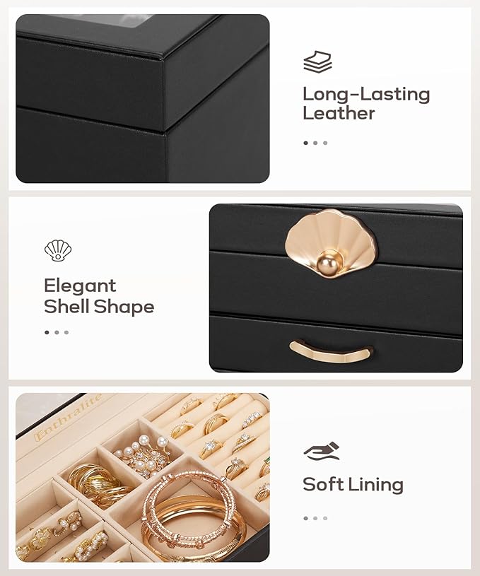 Jewelry Box with 2 Drawers: Display Organizer for Earrings Necklaces - Gifts for Girls Women (Black)