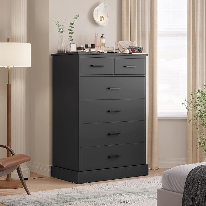 Hasuit Black Dresser for Bedroom, 6 Drawers Dresser Wood Storage Tower Clothes Organizer, Chest of 6 Drawers, Large Capacity Storage Cabinet, Tall Dressers for Bedroom, Hallway, Entryway